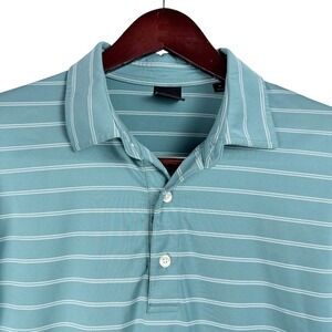 Dunning Golf Mens Striped Polo Shirt Teal Blue Coolmax Tiburon Logo Size Medium